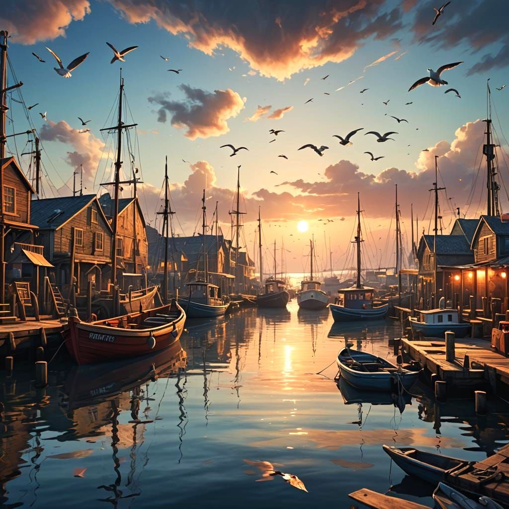 Tranquil Sunset Over Boat Harbor in Detailed Matte Painting