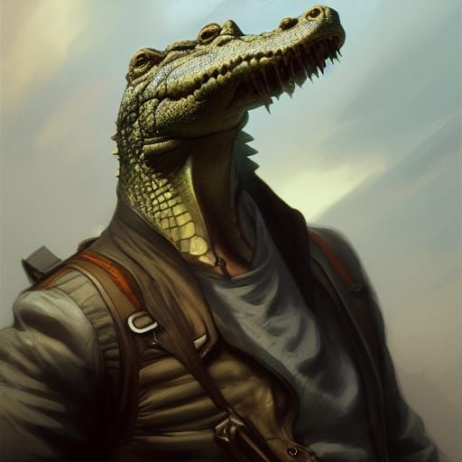 Crocodile Man Portrait with Flintlock Rifle