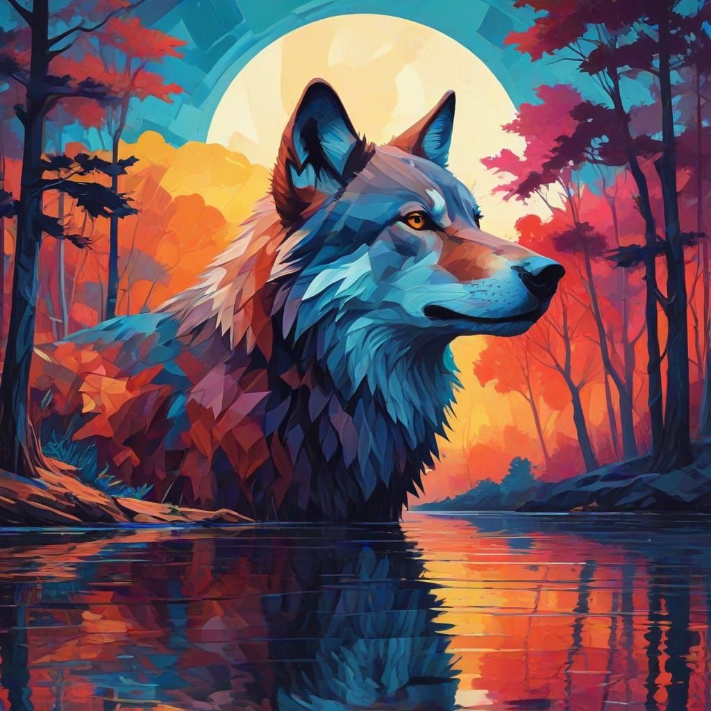 Geometric Wolf Portrait in Colorful Forest, Cubist Style