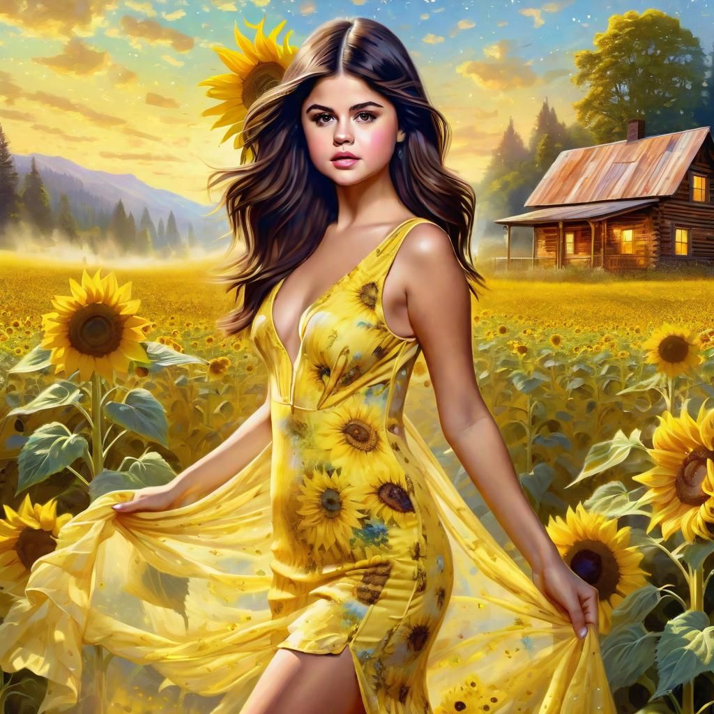 Selena Gomez in a Yellow printed sensual dress, Sunflower field, Wooden Cabin, Sunny, Head and Shoulders, portret, ether...