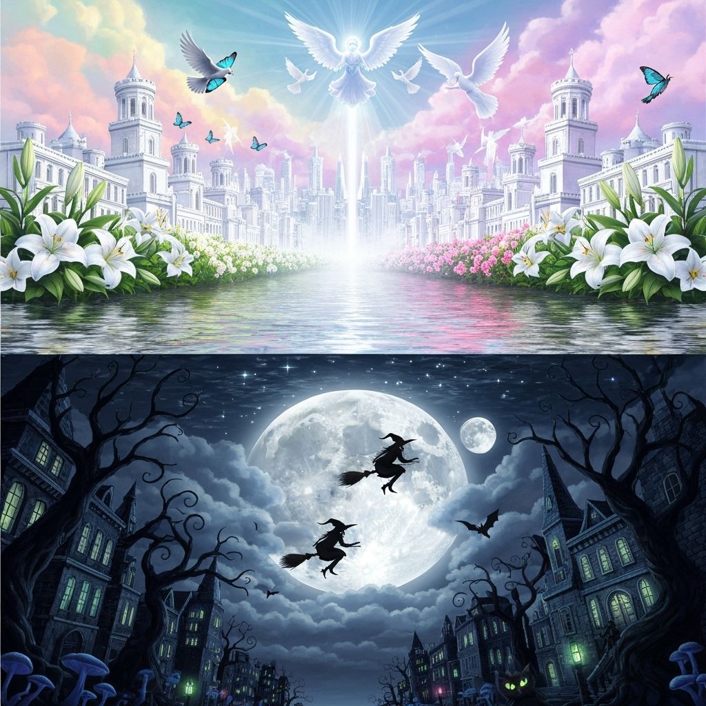 Yin-Yang Cityscape: Haunted Metropolis Meets Angelic Haven