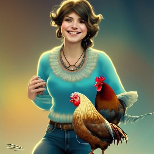 Woman Feeds Chickens: Hyperdetailed Portrait