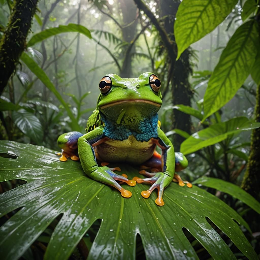 Vibrant Tree Frog in Misty Rainforest: Macro Photography