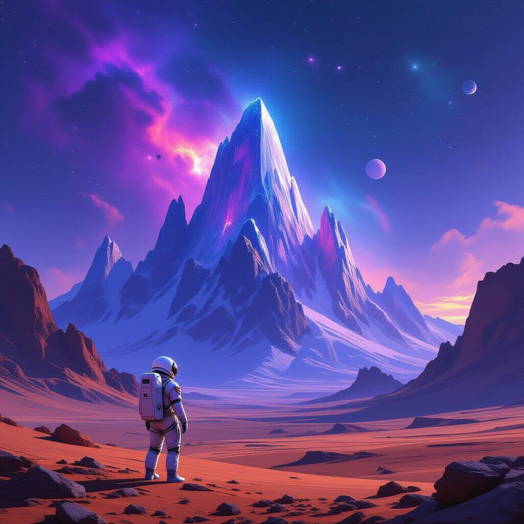 Astronaut Gazes at Crystalline Mountains on Alien Planet