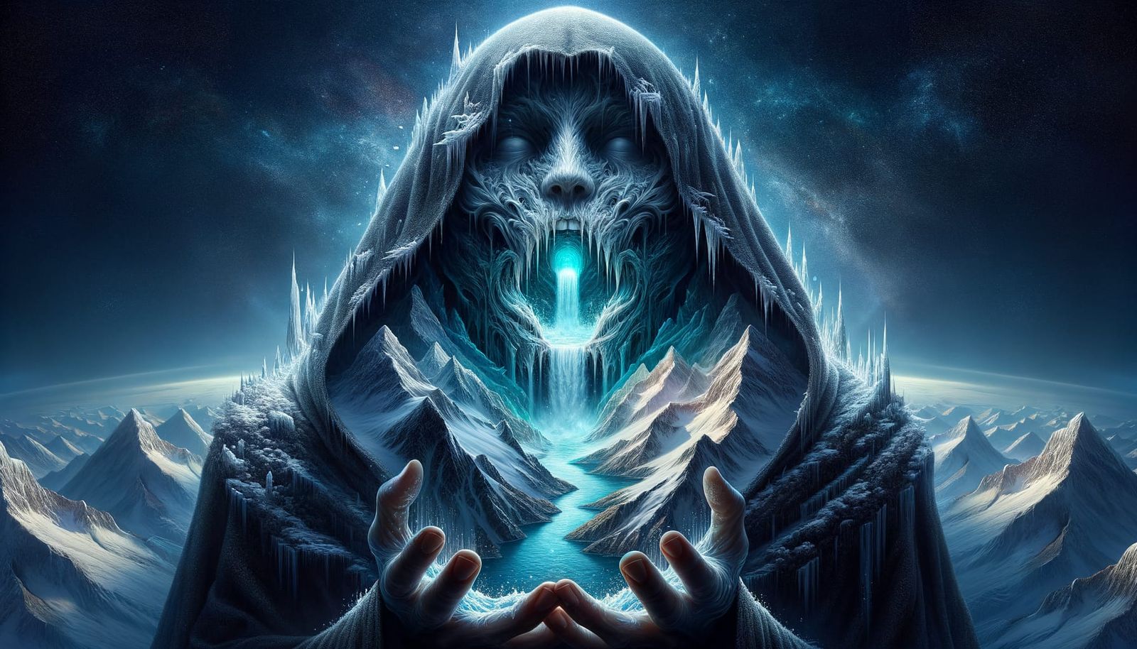 Mysterious Ice Figure with Waterfall Landscape in Space