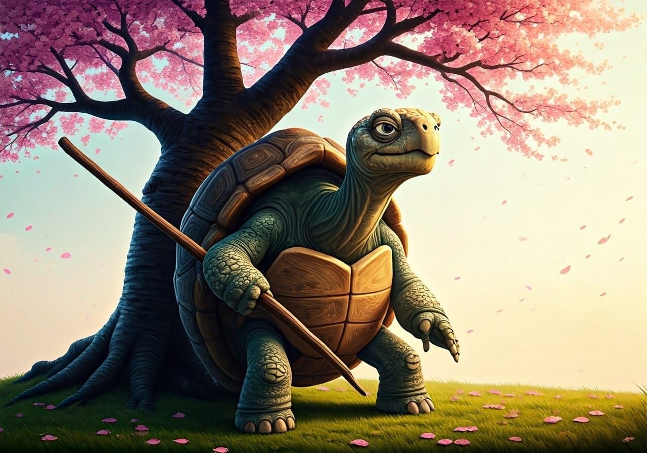 Oogway Meditates Under Cherry Blossoms in Watercolor Style