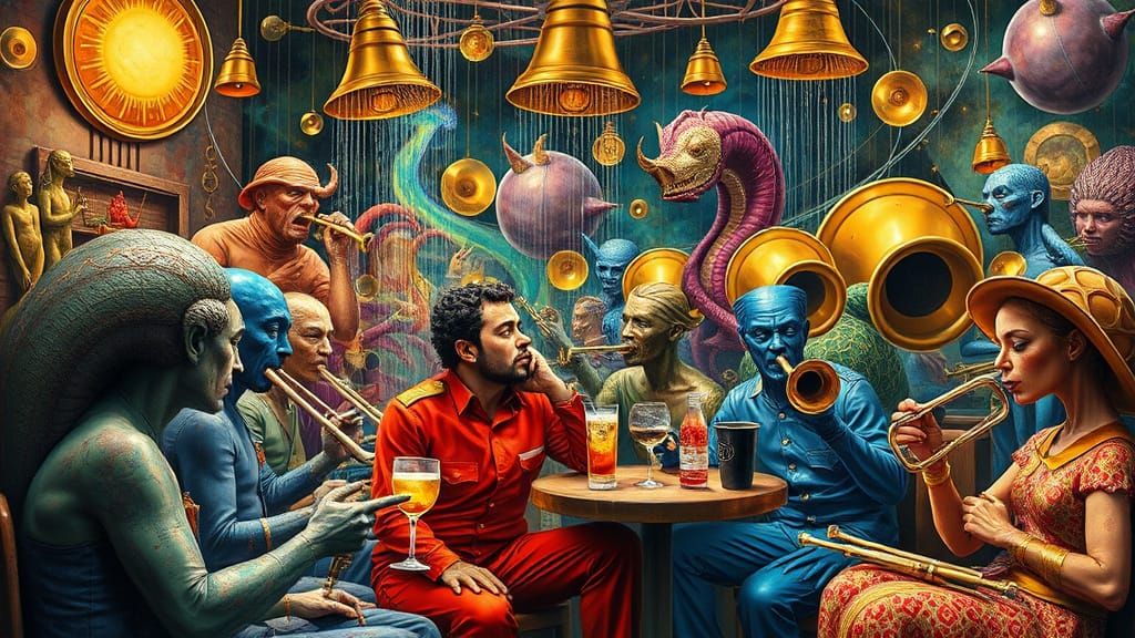 Surreal Space Cafe Scene in Hieronymus Bosch Style