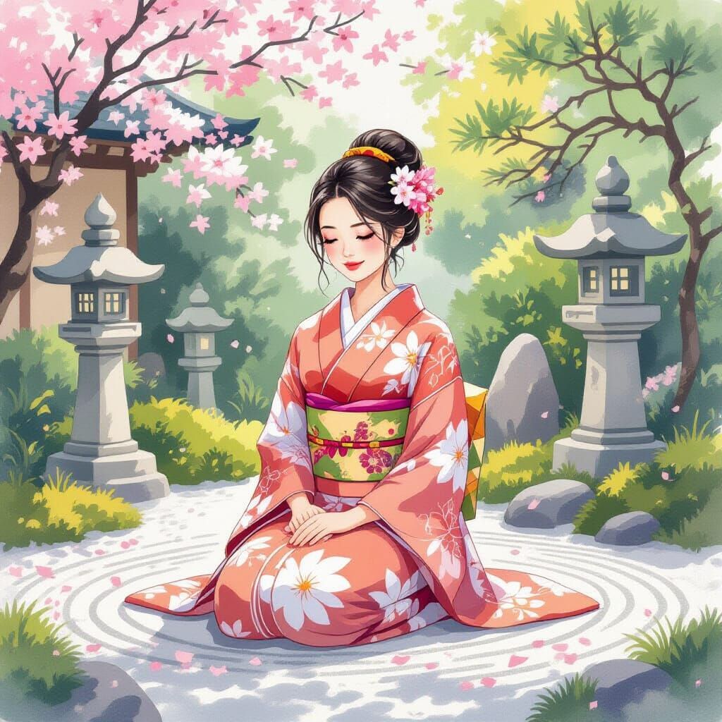 Asian Woman in Zen Garden, Watercolor Style