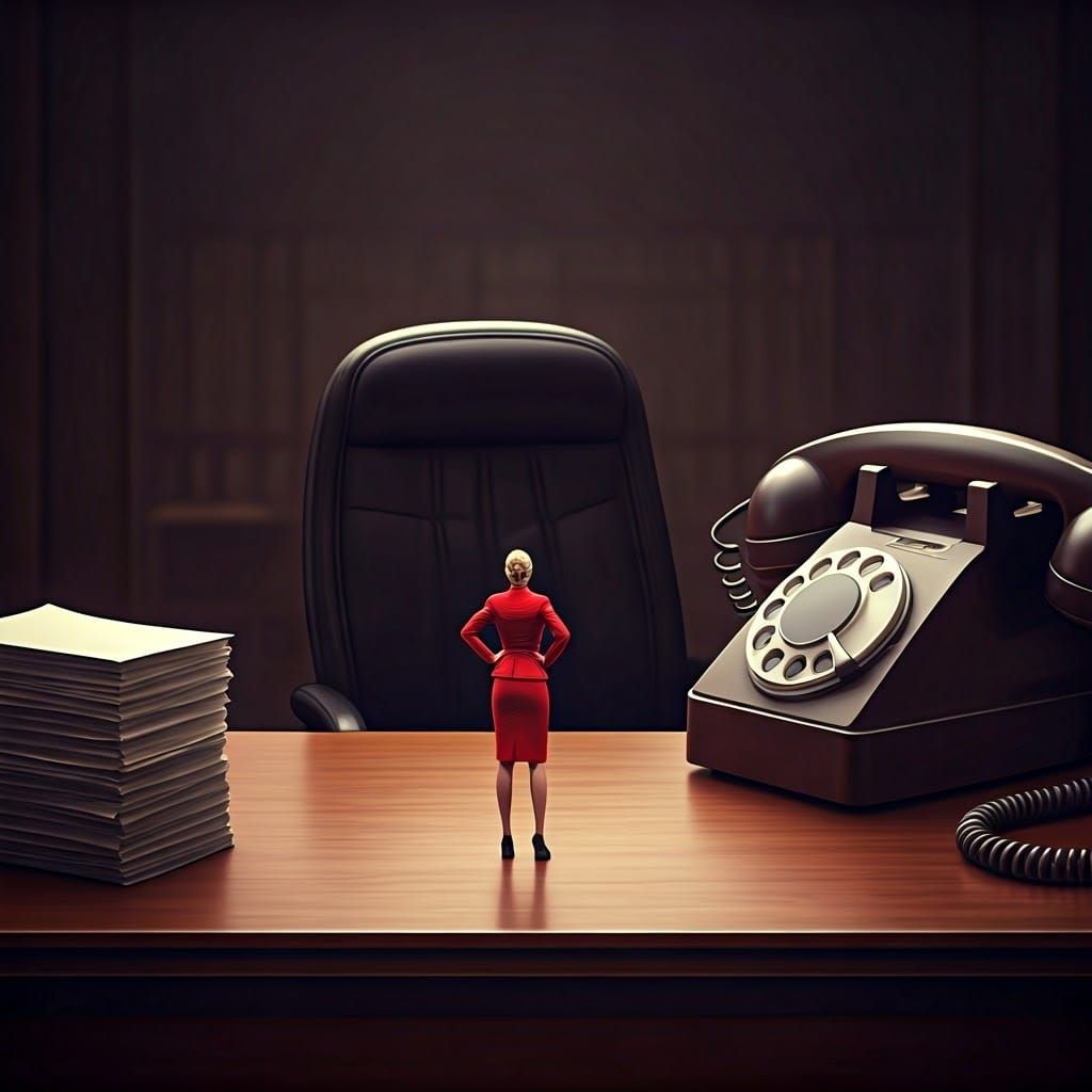 Tiny Businesswoman on Giant Desk, Digital Illustration