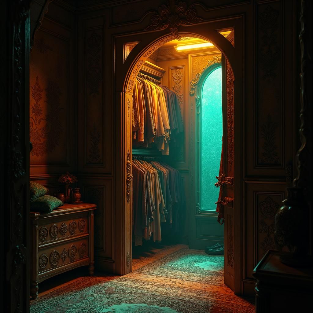 Mystical Closet with Glowing Fabrics in Ethereal Light
