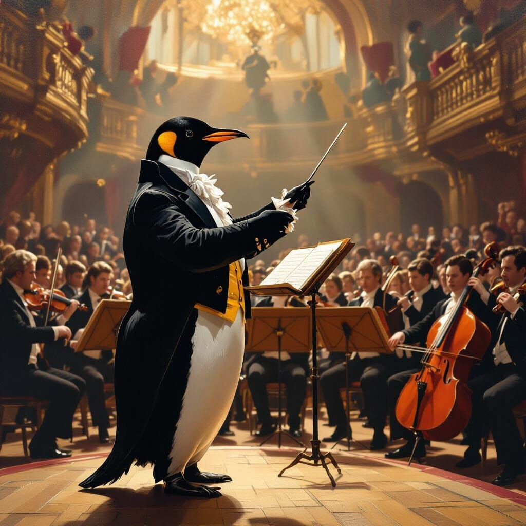 Penguin Conductor Leads Orchestra, Baroque Style