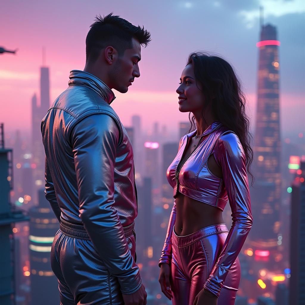 Cyberpunk First Date on a Neon Rooftop