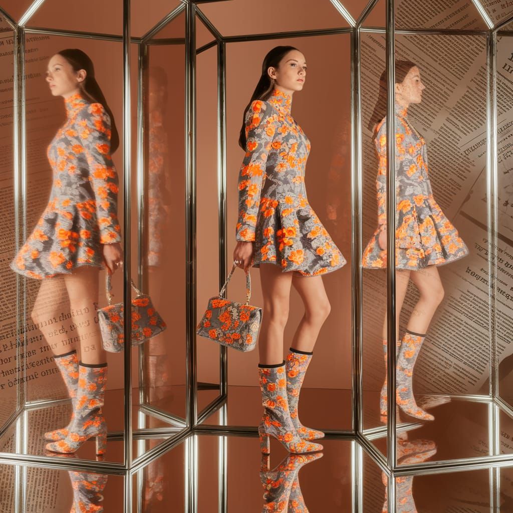 Elegant Woman in Mirror Cage with Floral Boots and Handbag