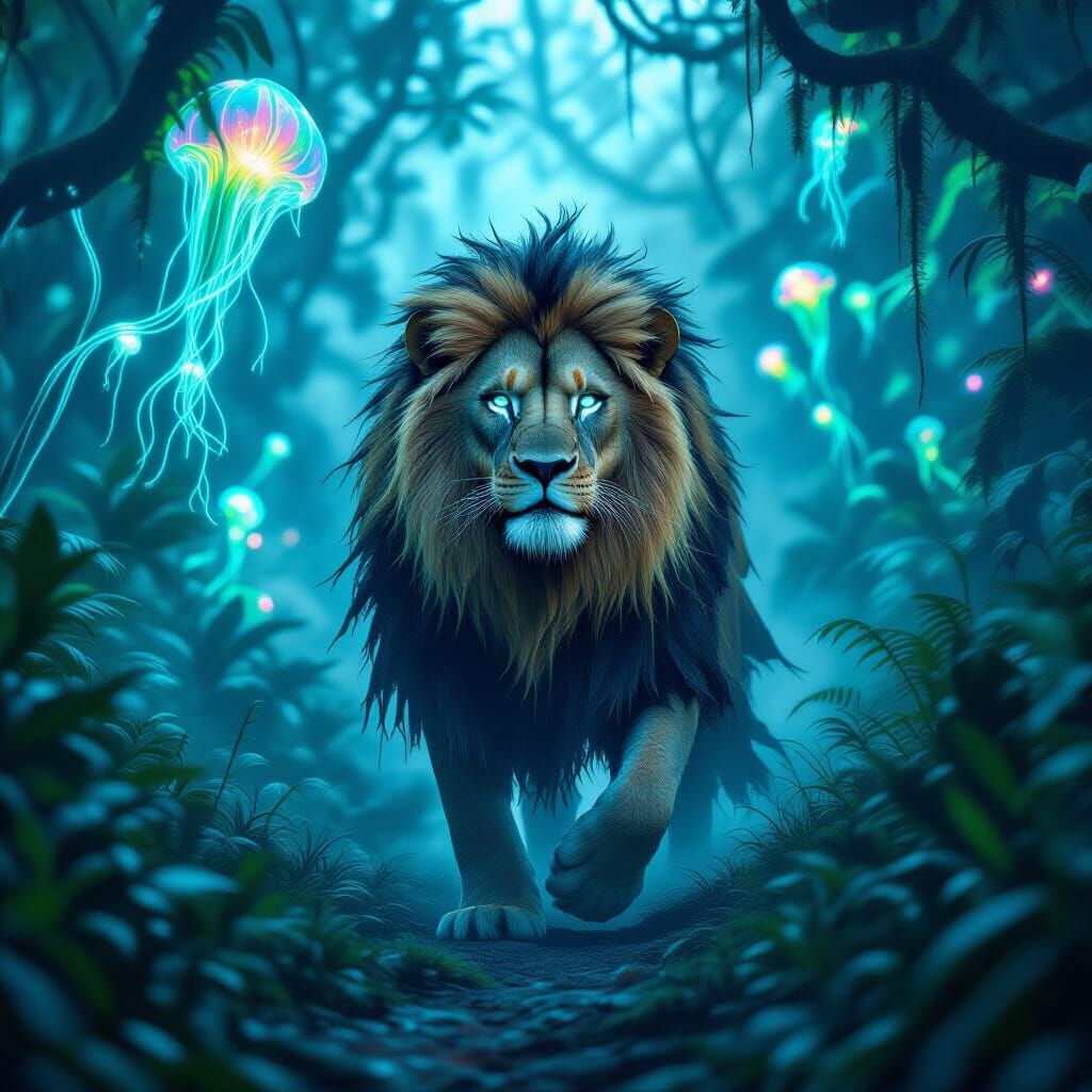 A majestic lion with bioluminescent markings prowls through ...