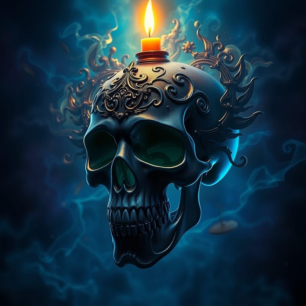 Ethereal Skull with Golden Candle in Dark, Mystic Aura