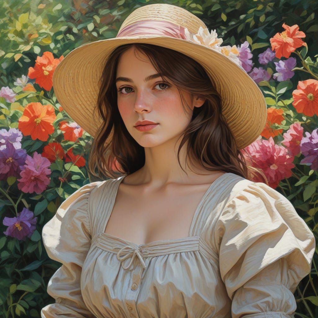 Impressionist Masterpiece of a Woman Among Vibrant Blooms