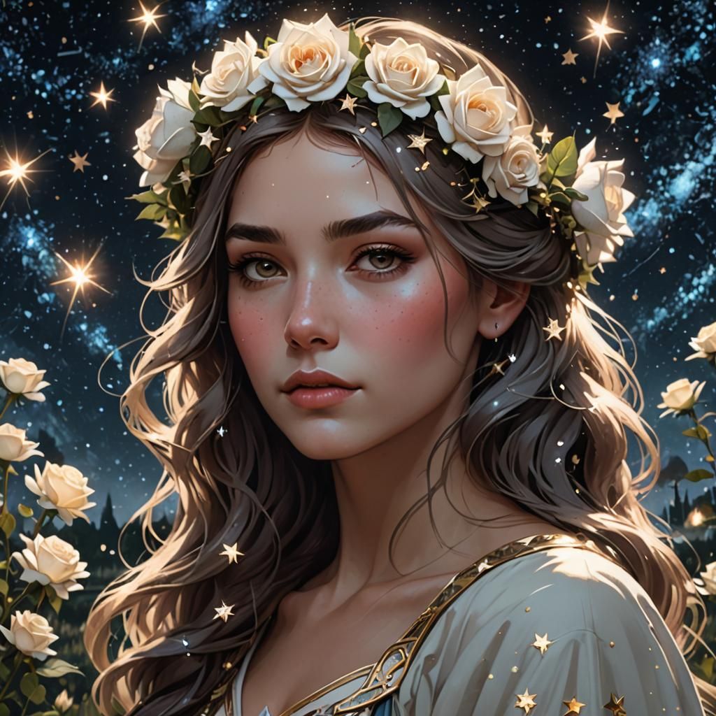 Girl with Rose Crown in Star Field, Detailed Portrait