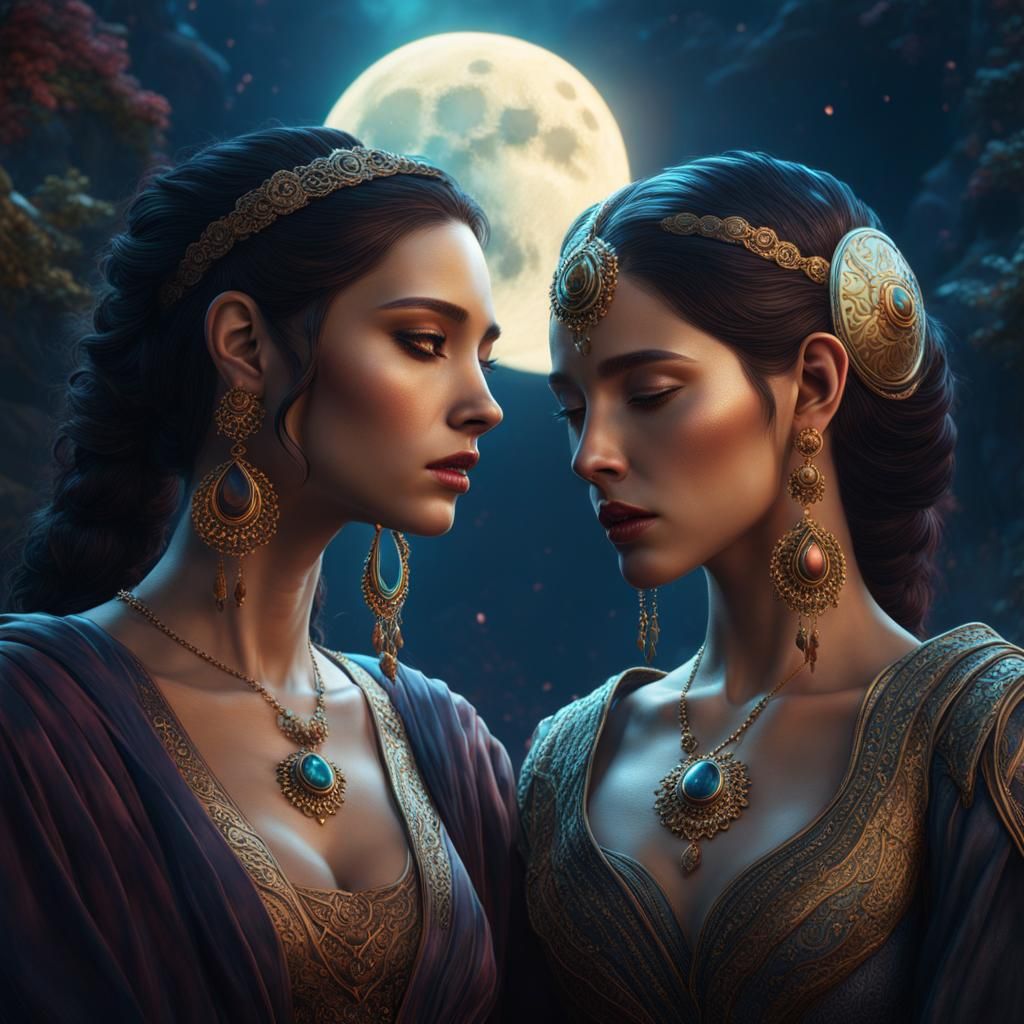 Two Women Linked by Moon Tears, Fantasy Art