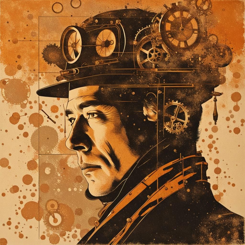 Steampunk Double Exposure Portrait in Edo Art Style