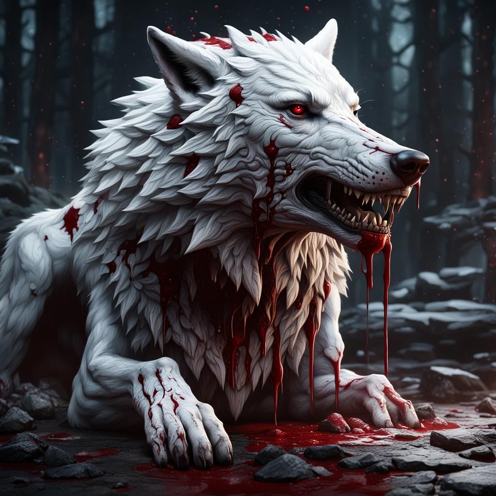 Bloody White Wolf in Detailed Fantasy Art