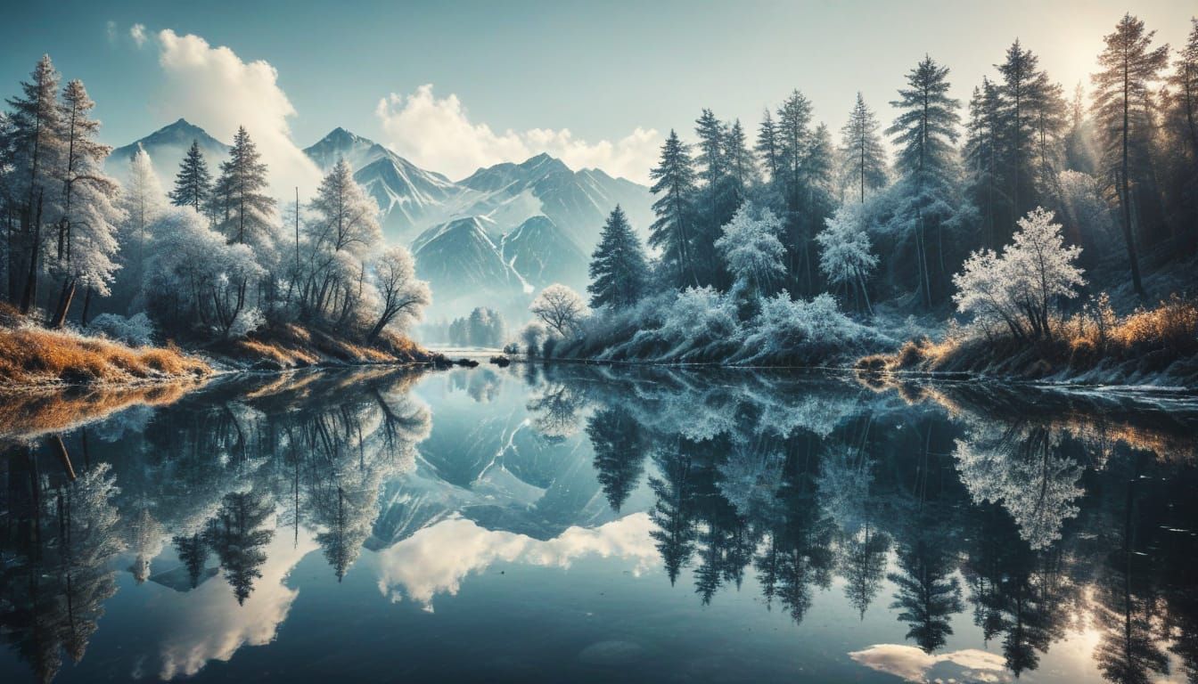 Surreal Summer Lake Landscape Meets Frosty Winter Reflection