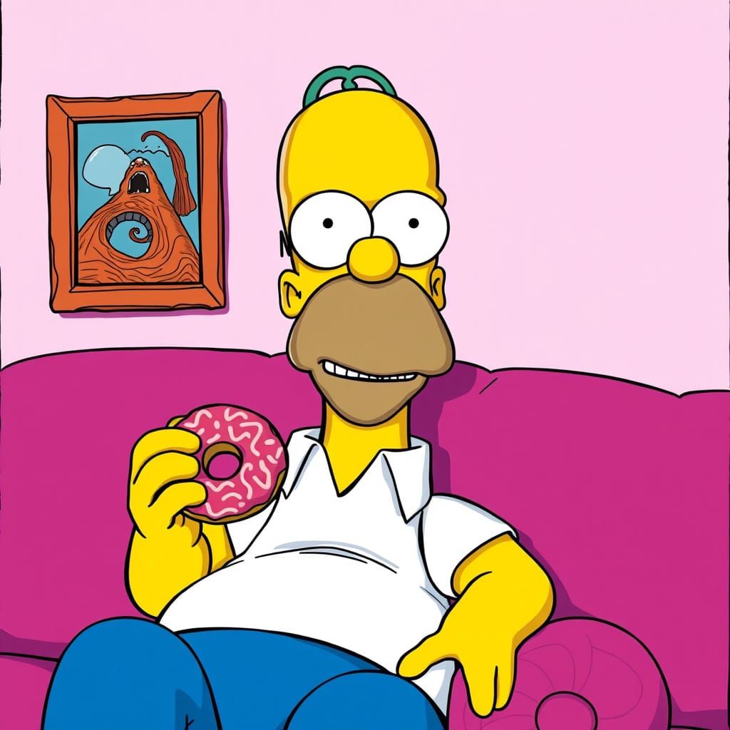 Grotesque Homer Simpson in a Vivid, Distorted Nightmare Scen...