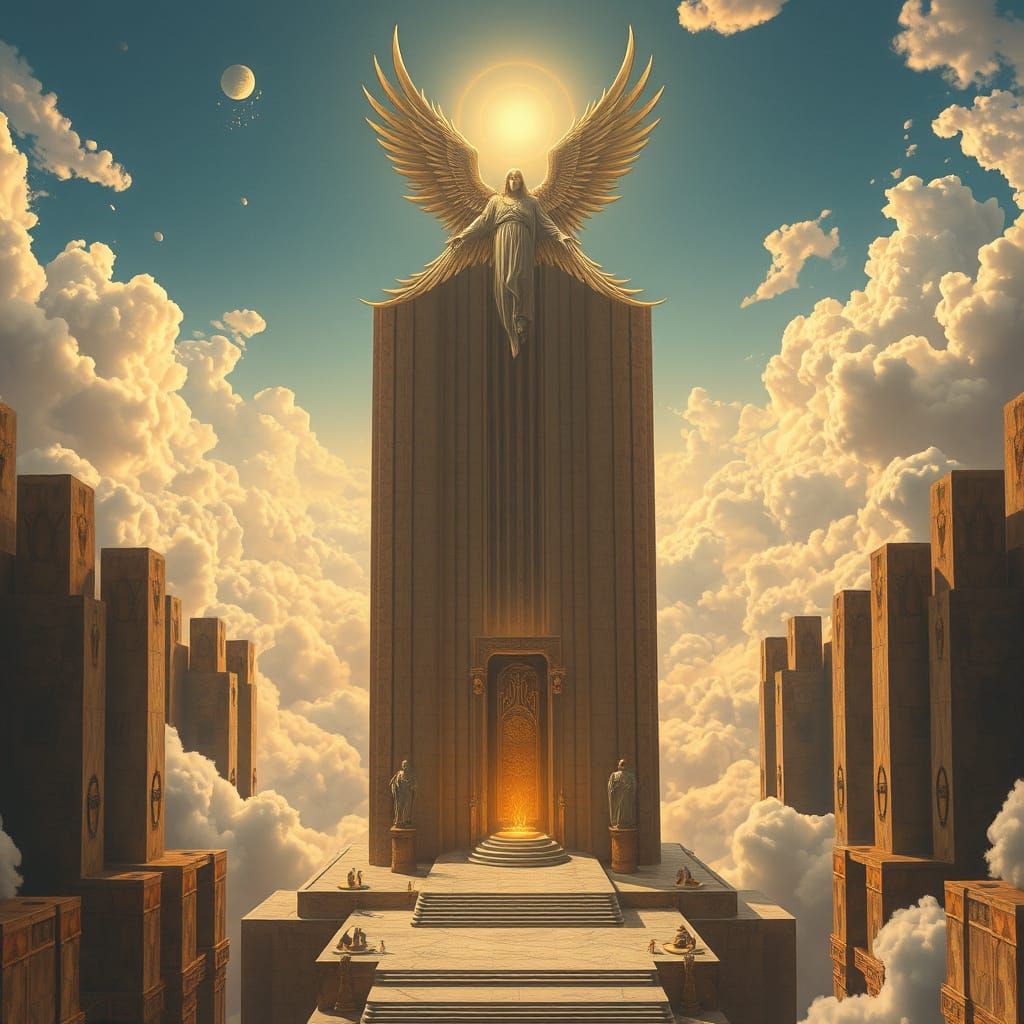 Sky Cathedral with Divine Figure in Surreal Style