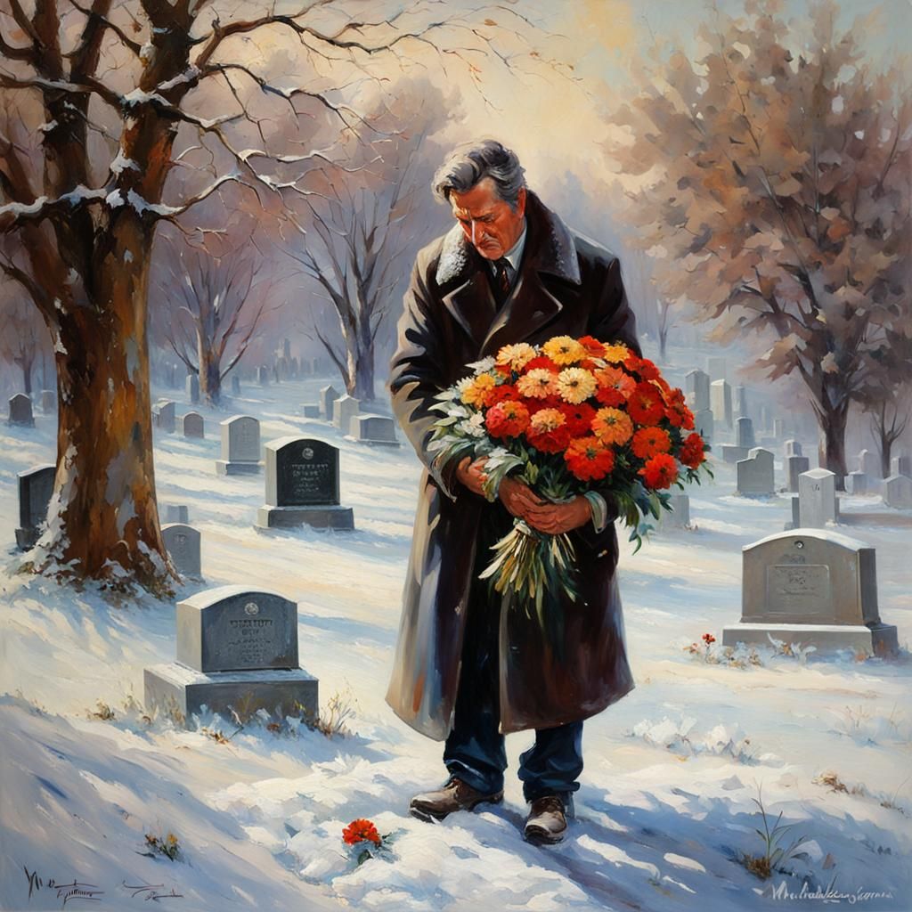 Grief at Graveside: An Impressionistic Oil Painting