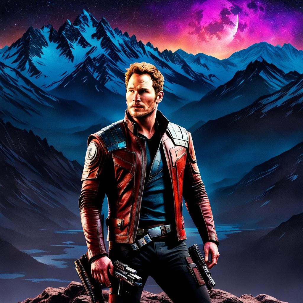 Star Lord Silhouette in Night Mountain Landscape