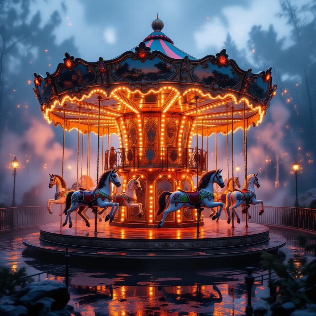 Lava Carousel with Shimmering Mist and Light Refraction
