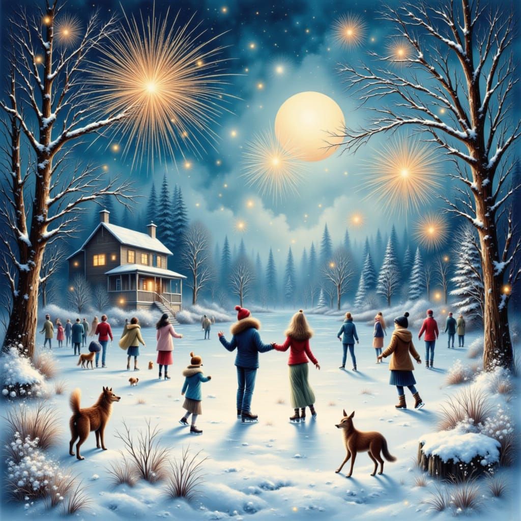 New Year's Eve Celebration on Frozen Pond with Fireworks
