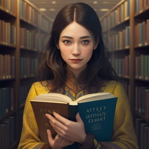 Girl with Book Surrounded by Discount Signs