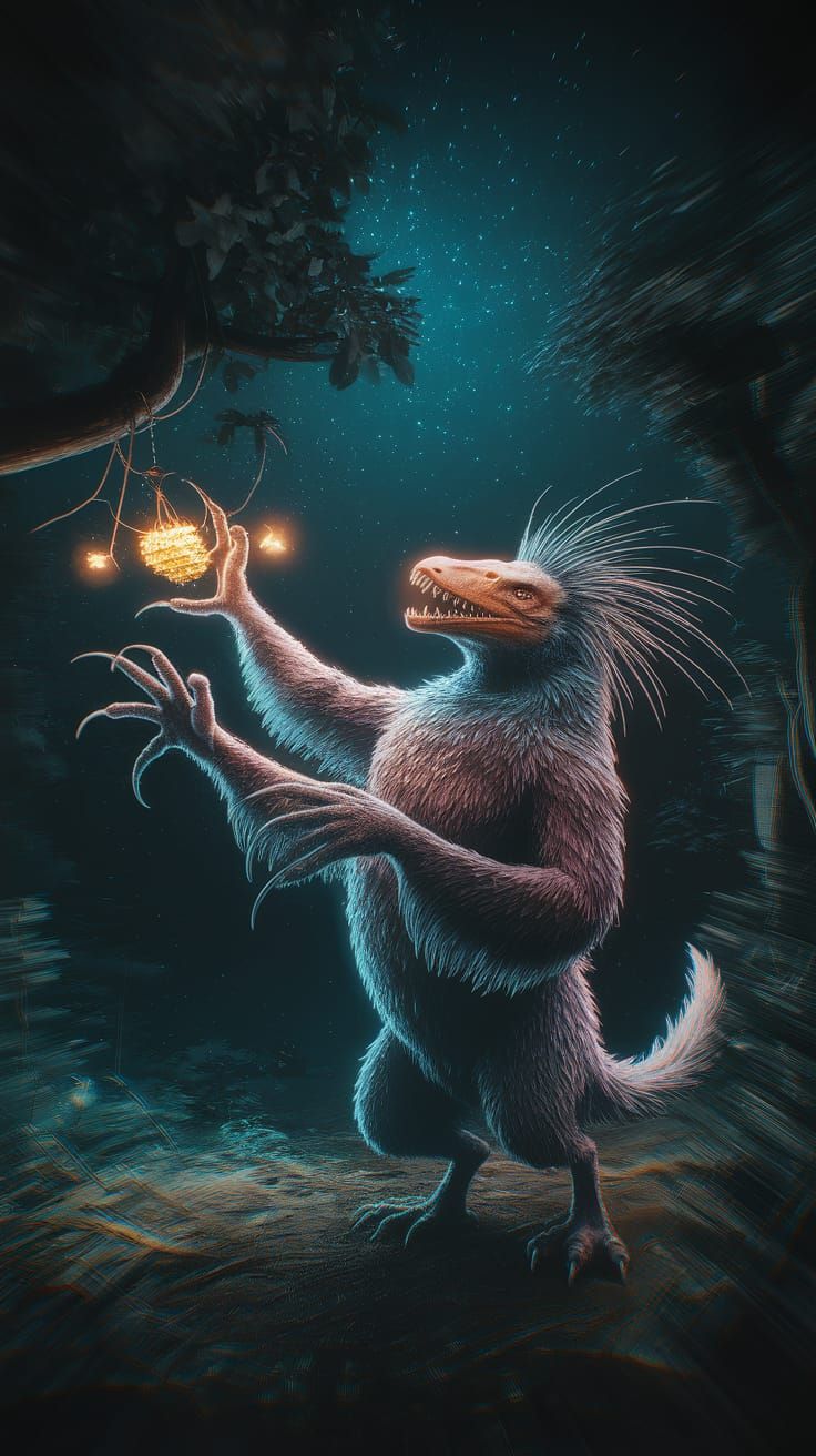 Bioluminescent Creature in Alien Forest with Glitch Effects