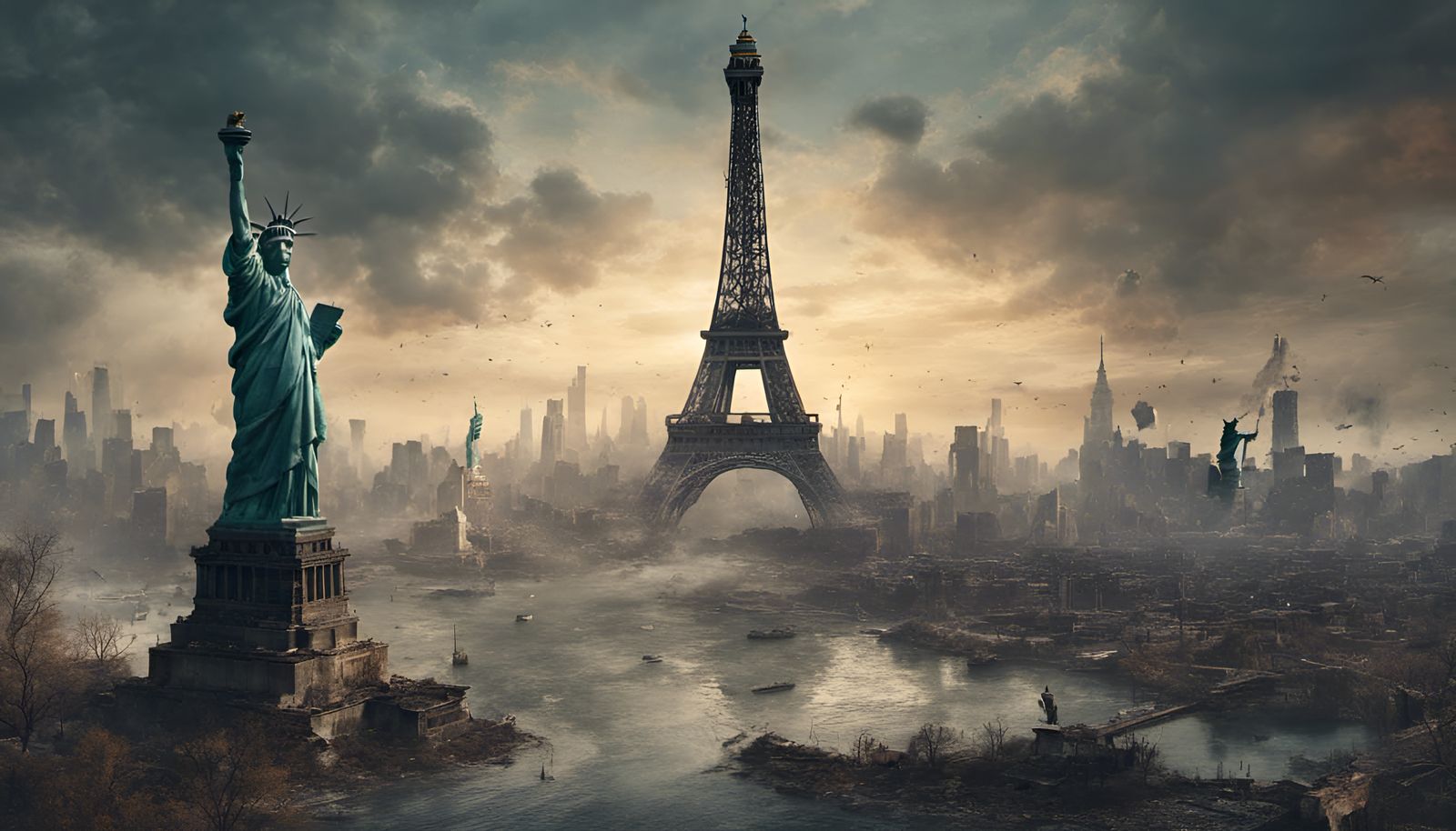 Post-Apocalyptic Eiffel Tower and Statue of Liberty