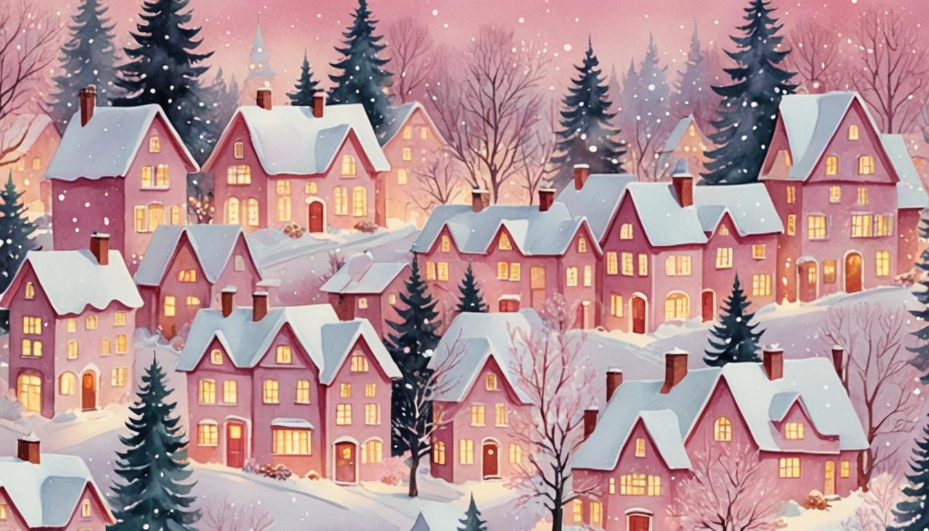 Pink Christmas Village in Watercolor Style