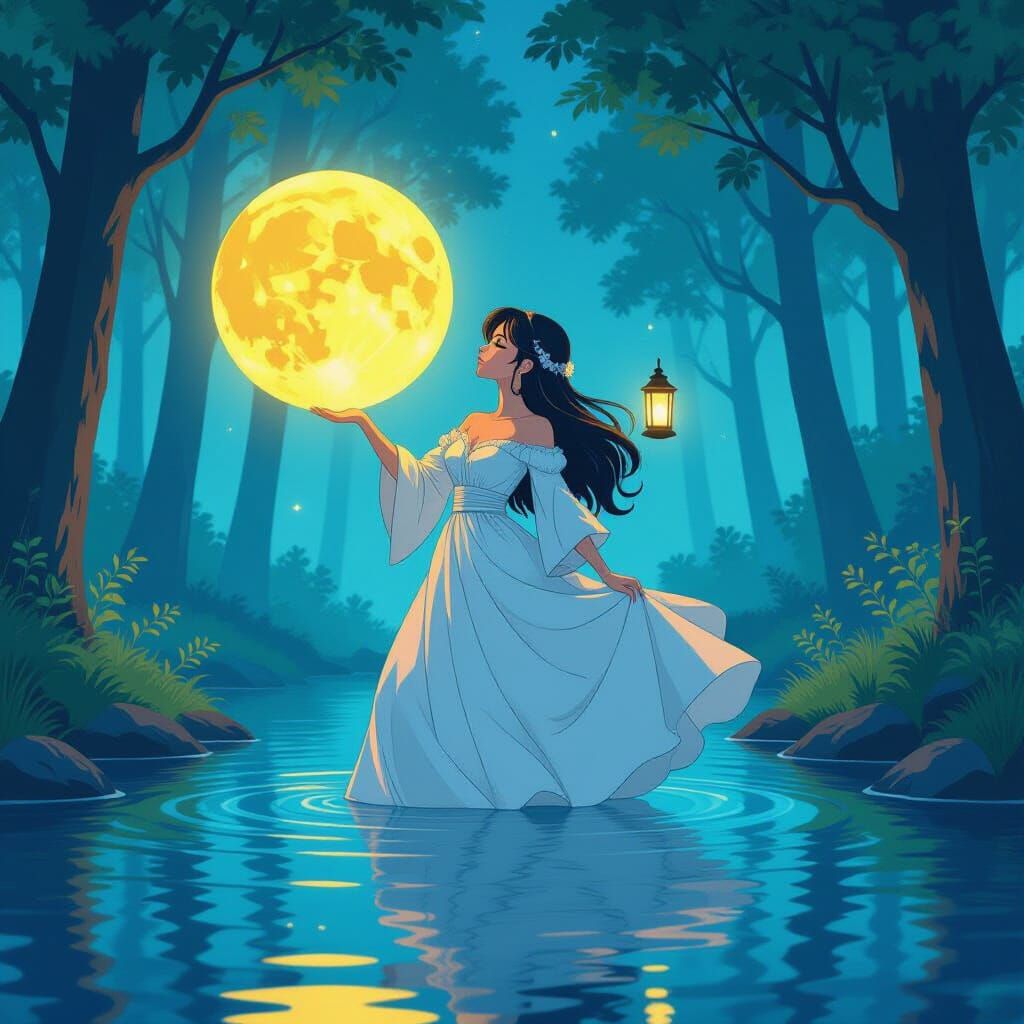 Woman with Moon and Lamp, in Manga Style