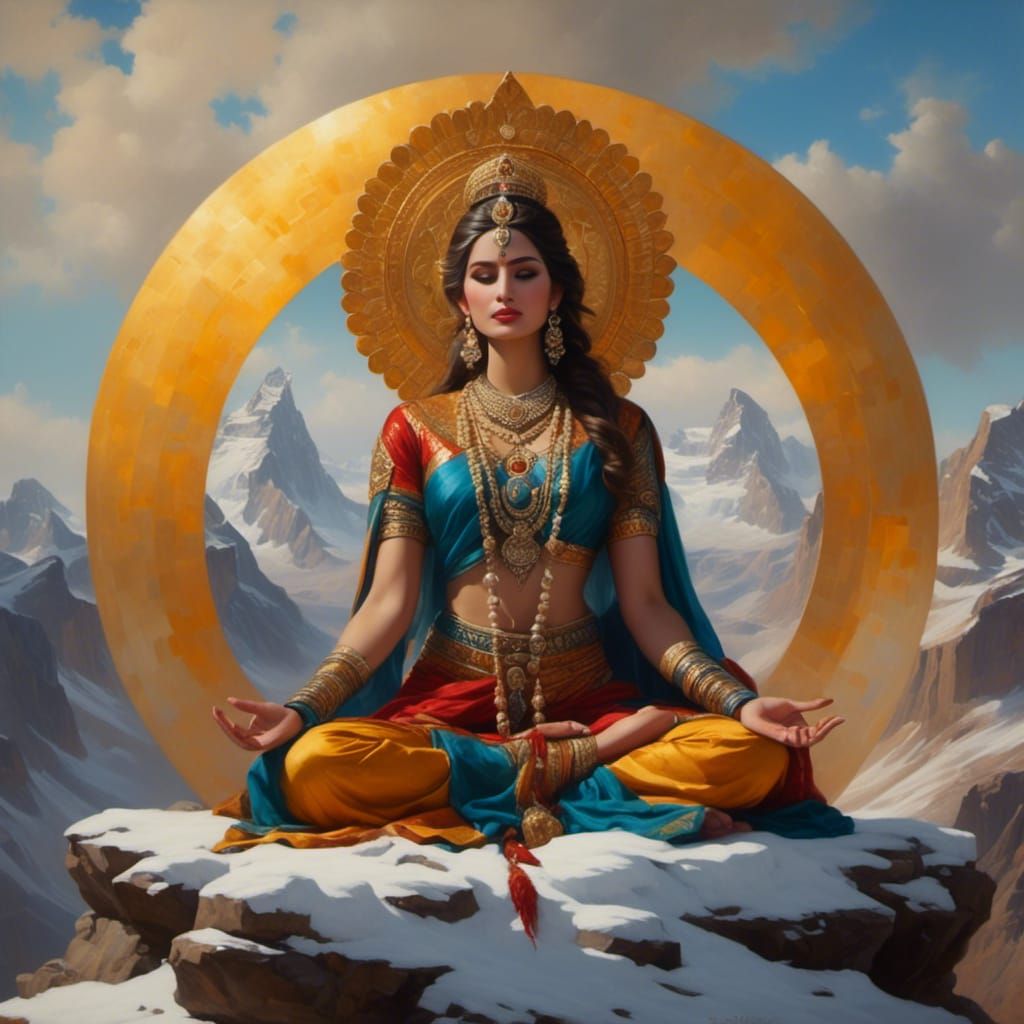 Atop Mount Kailash, amidst the whispers of ancient winds and the resplendence of eternal snow Goddess Parvati meditates.