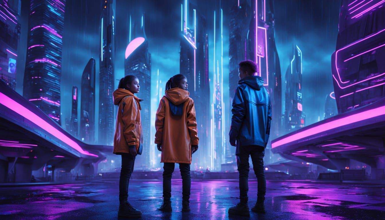 Cyber Siblings in a Futuristic Cityscape