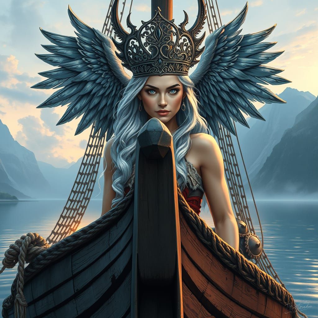 Valkyrie in Majestic Headdress, Standing Proudly at Longship...