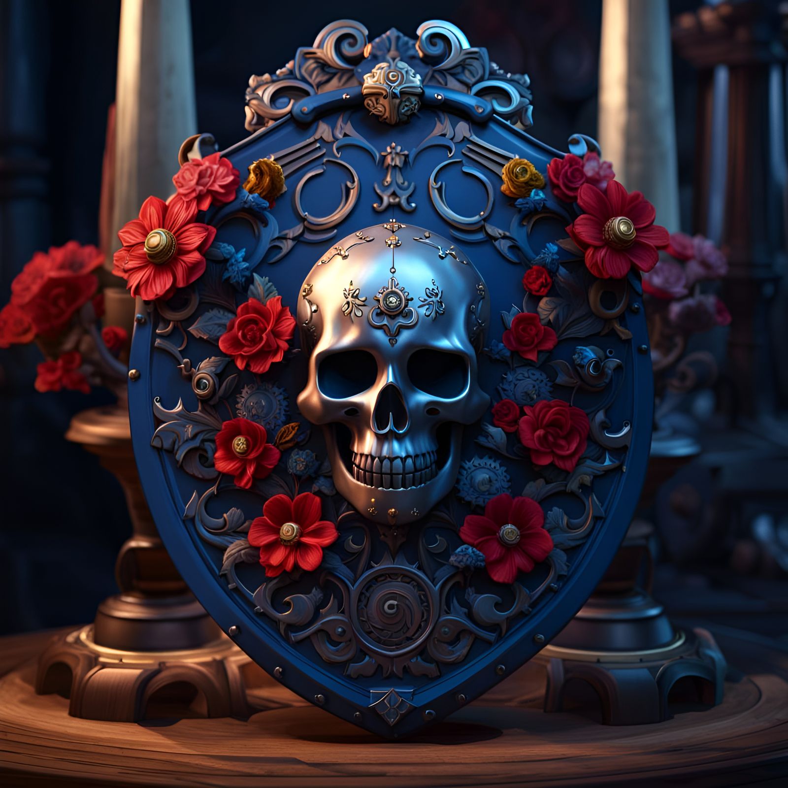 Ornate Heraldic Shield with Skull, Flowers and Gears