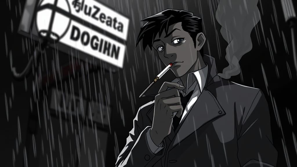 Sleek Detective Lupin III in Rainy Black-and-White