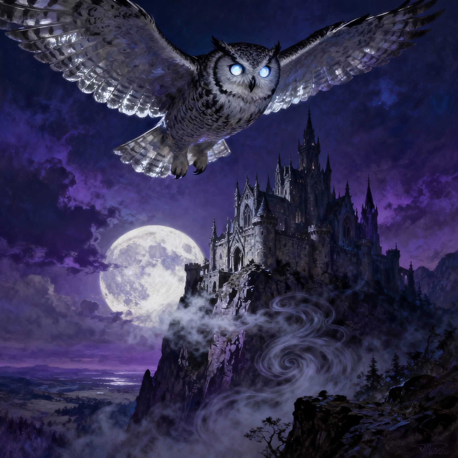 Majestic Owl Over Gothic Castle Under Full Moon