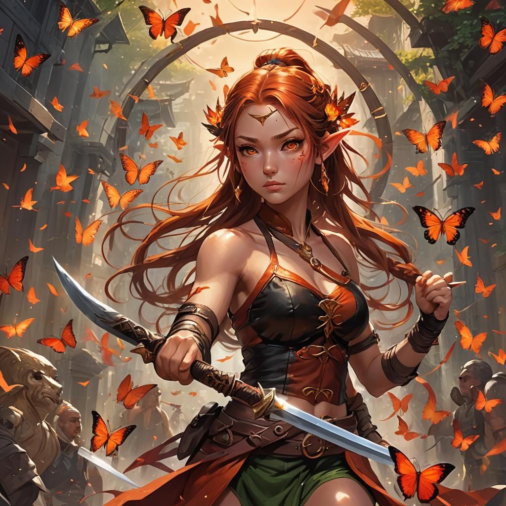 Fierce Elf Barbarian with Butterflies in Fantasy Art Style