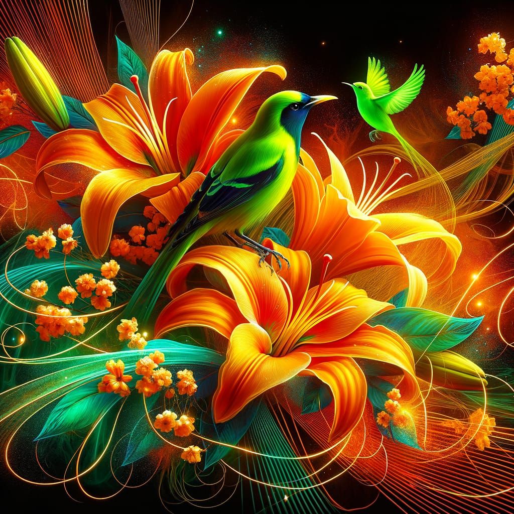 Neon Orange Lilies and Green Oriole in Double Exposure