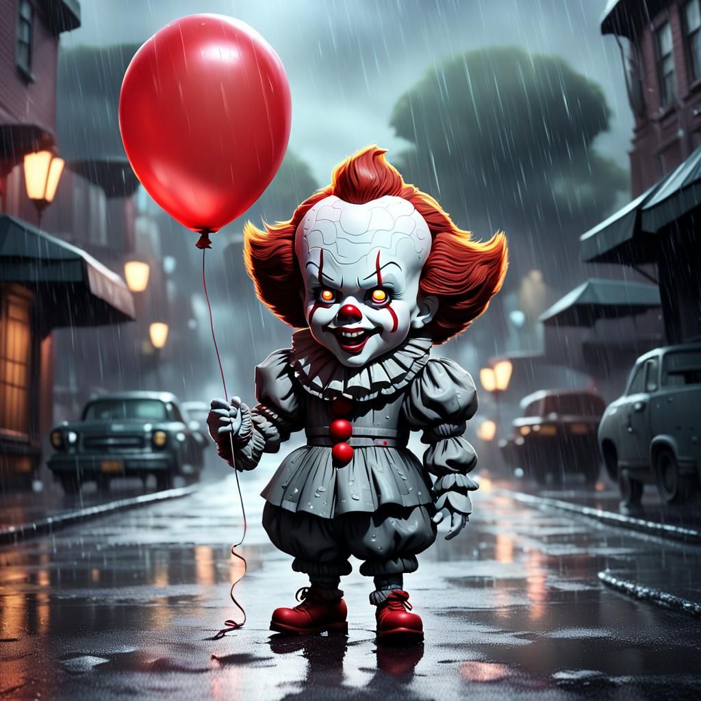 Chibi Pennywise with Red Balloon in Rainy Street
