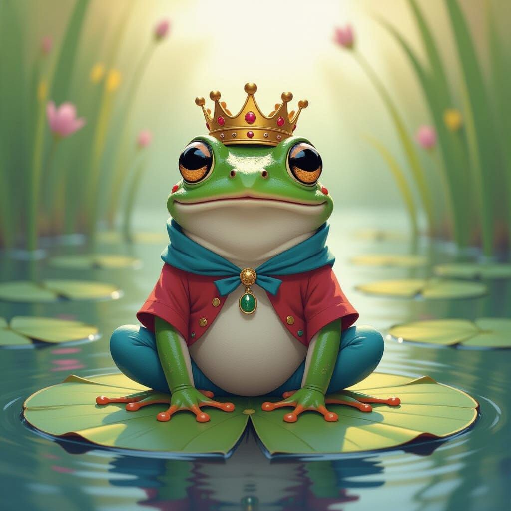 Surprised Frog on Lily Pad in Dreamlike Style