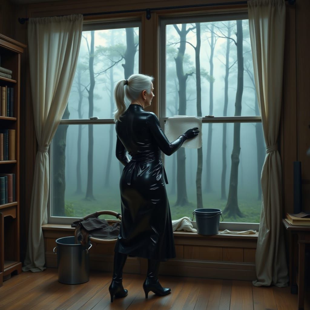 Elderly Woman in PVC Catsuit Cleans Window