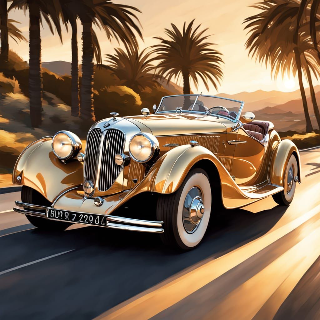 Vintage Art Deco BMW Speeds Down a Curved Road at Sunset