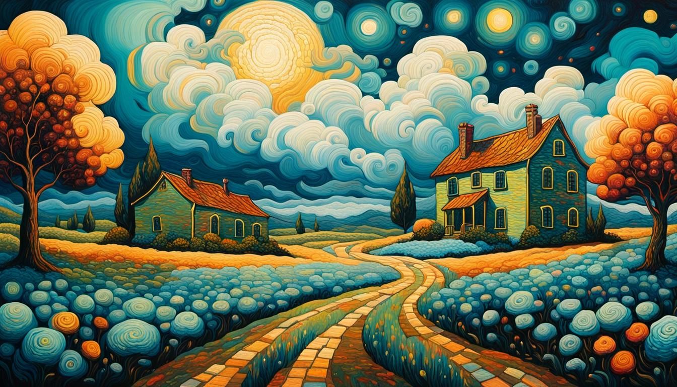 Surreal Cubic Houses in Acrylic Dark Fantasy Style