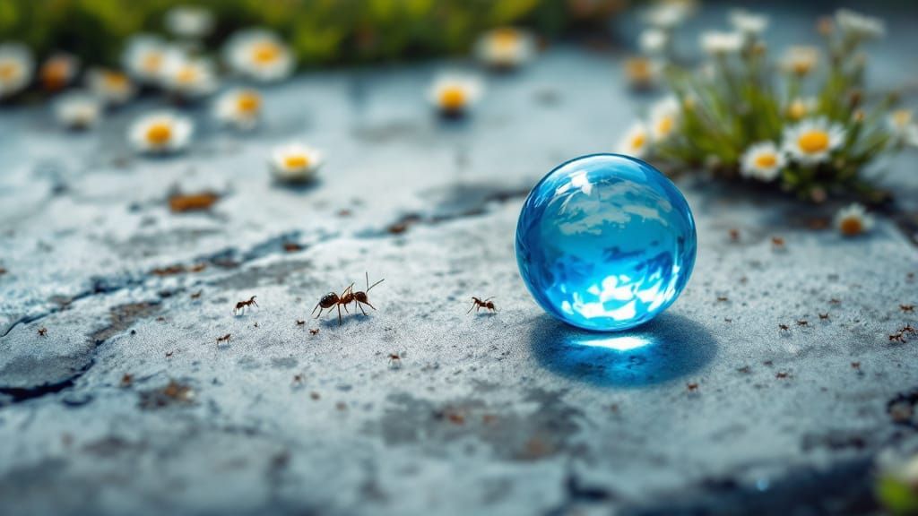 Macro Photo of Ants Worshiping Blue Marble on Daisy Meadow